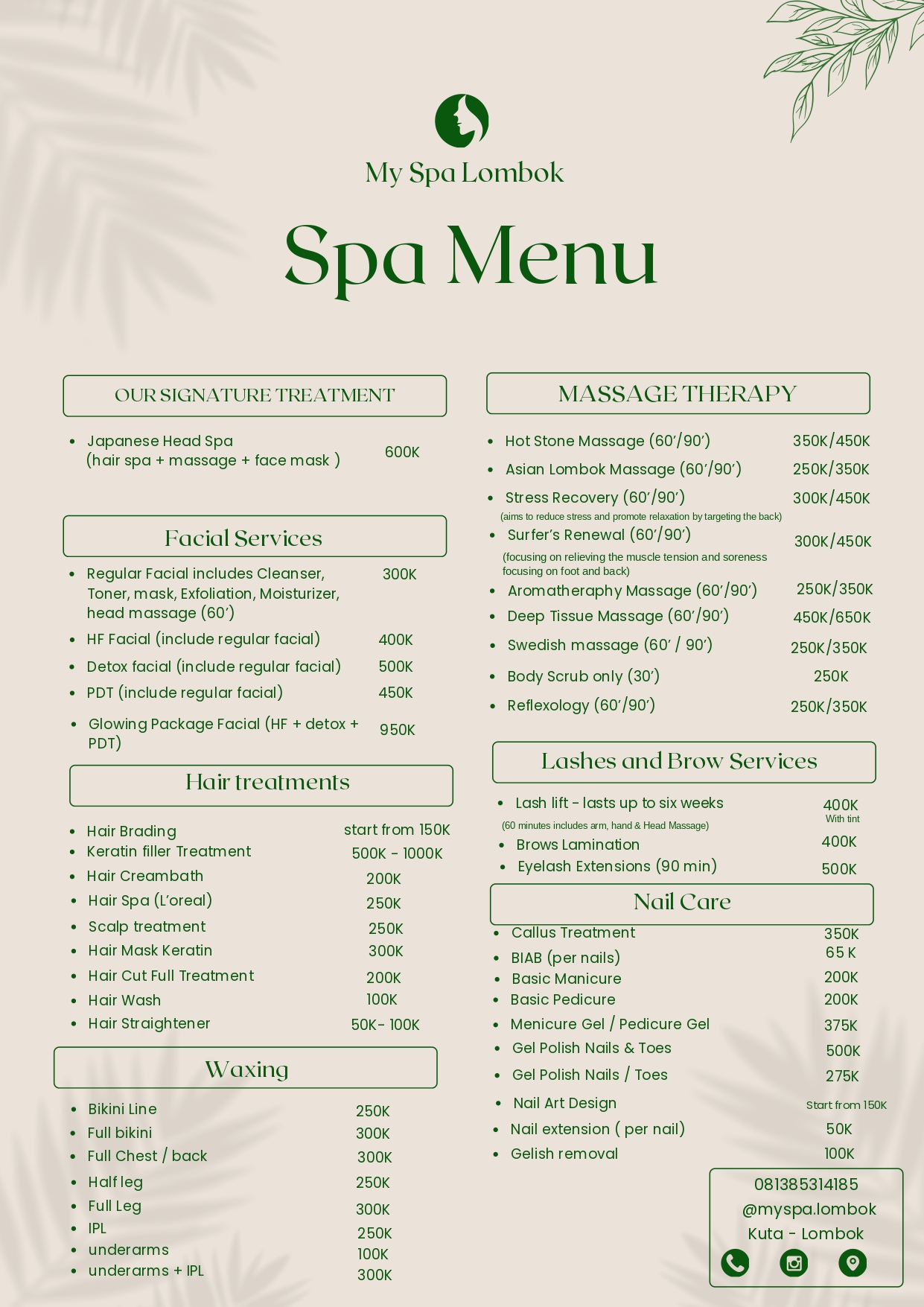 MY SPA LOMBOK service menu featuring massage, facial, body scrub, and beauty treatments with prices in Kuta Mandalika