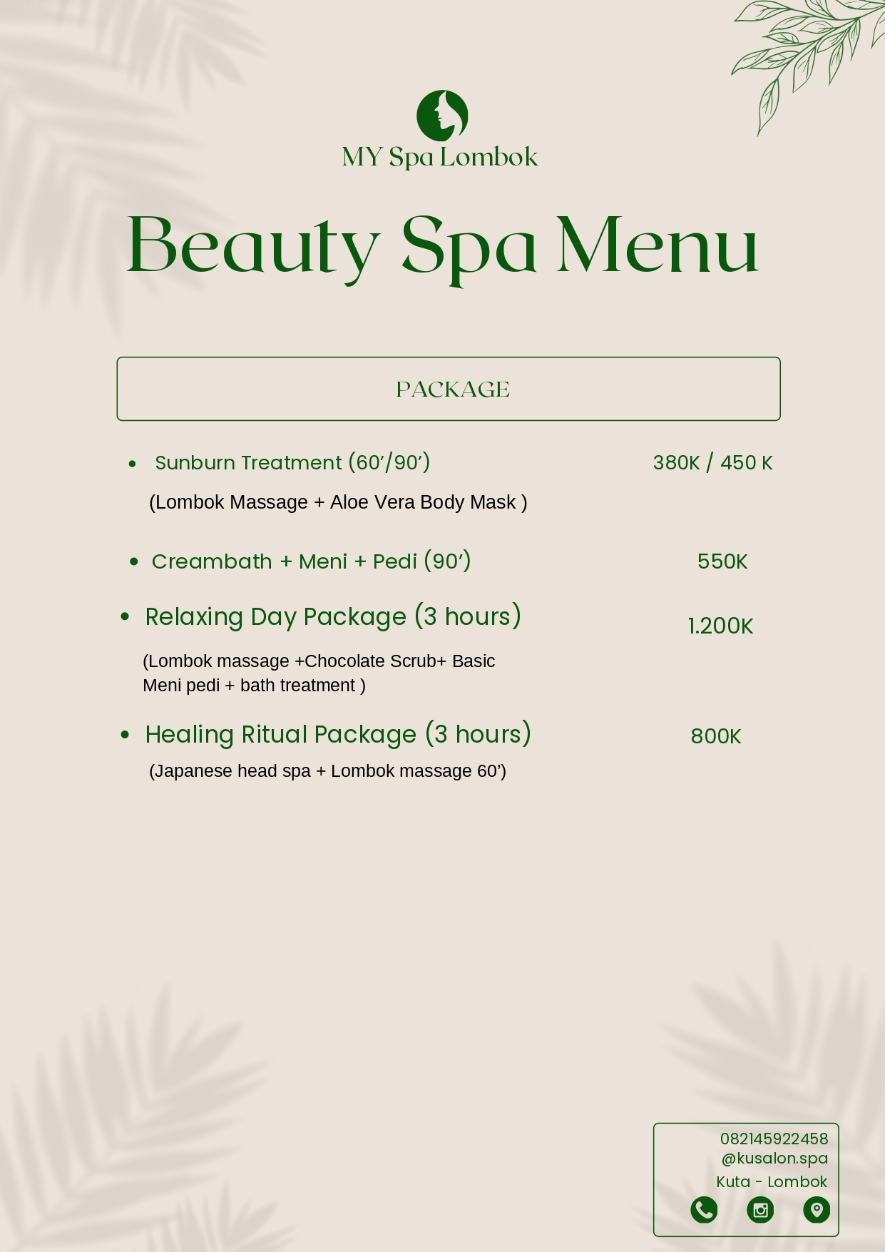 Special spa package deals and couple treatment menu at MY SPA LOMBOK Kuta Mandalika